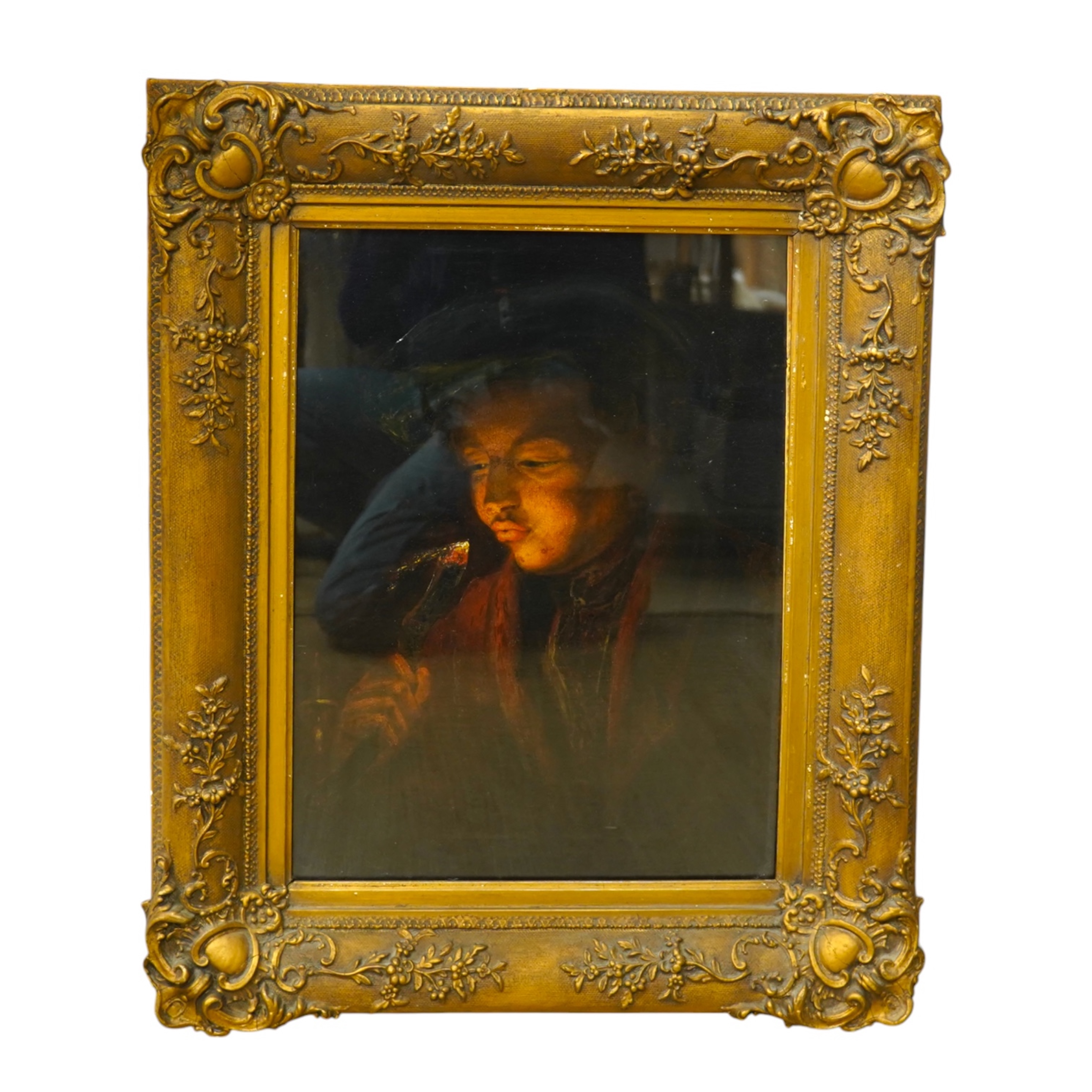 William Shipley, oil on board, Portrait of a figure by candle light, unsigned, inscribed in pencil verso, 49 x 36cm, ornate gilt frame. Condition - fair